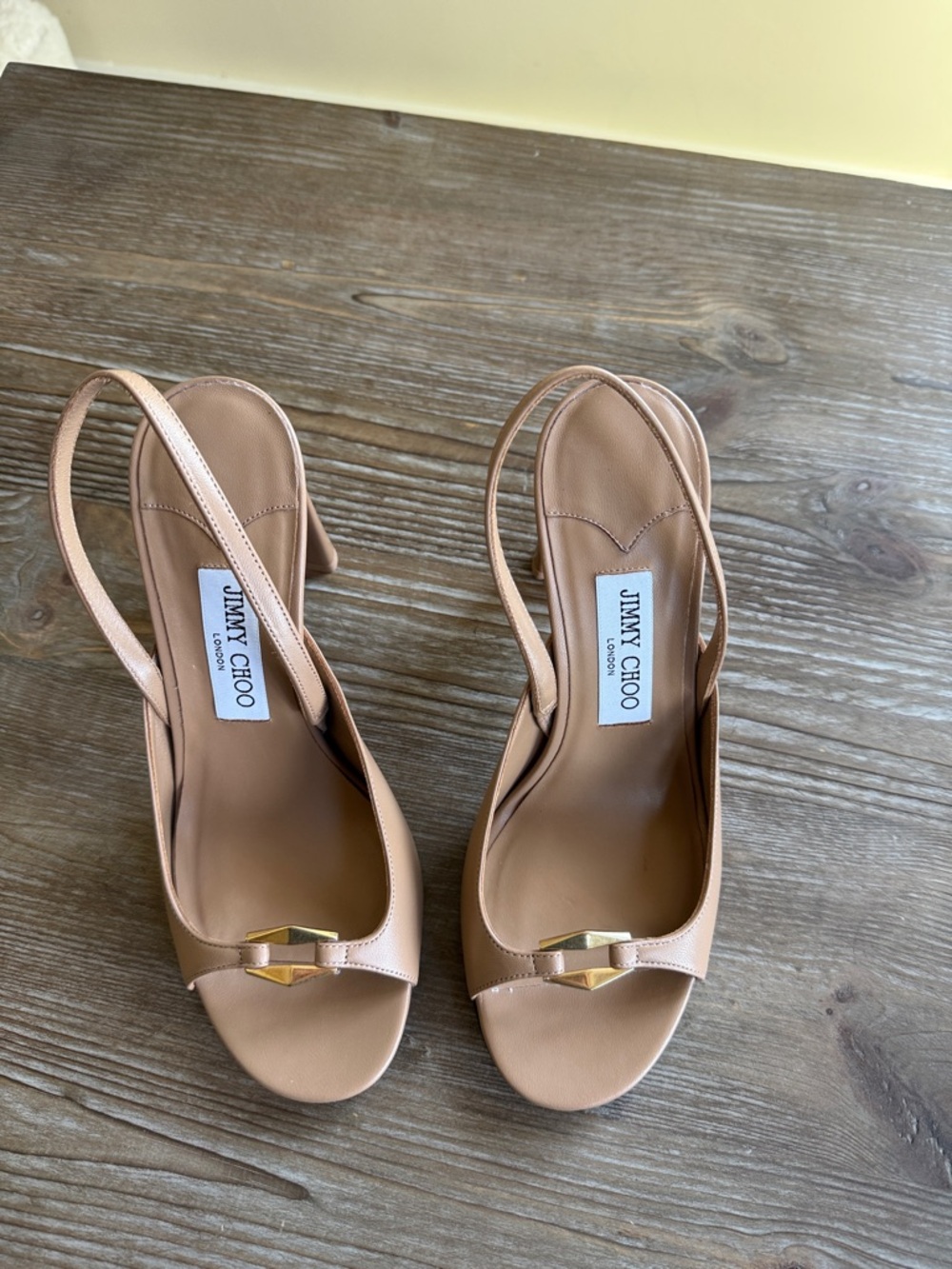Jimmy Choo Beige Leather Slingback Heels with Gold Accent